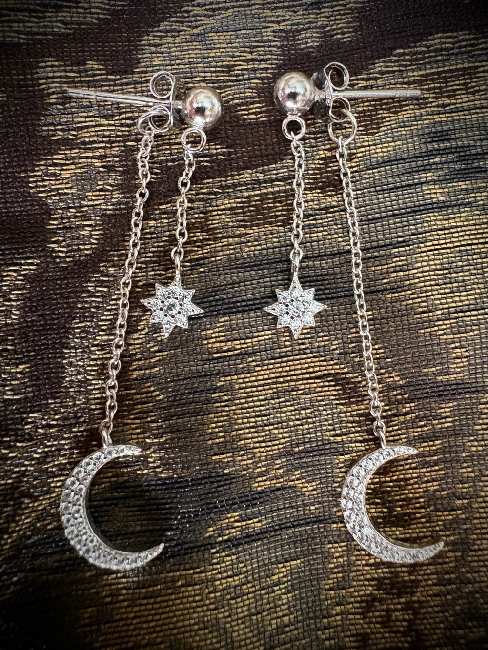 Star Moon Sparkly Sterling Silver Double Dangle CZ Earrings